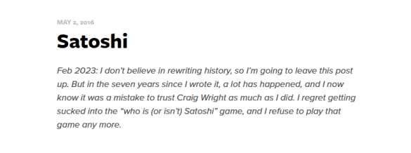 In February 2023, Gavin Andresen added this note to his CSW-is-Satoshi blogpost