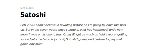 In February 2023, Gavin Andresen added this note to his CSW-is-Satoshi blogpost