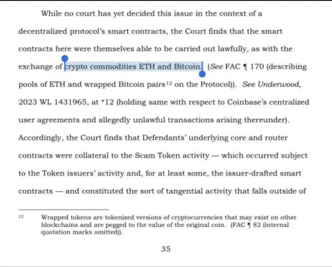 The court's ruling in favour of uniswap and classifies bitcoin and Ethereum as commodities