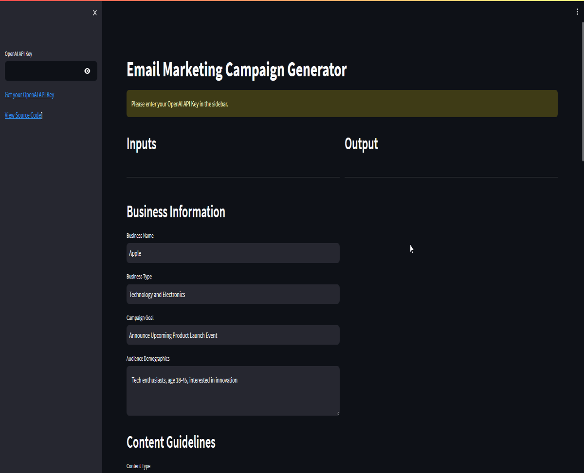 User Interface for Email Marketing Generator made by LangChain, Streamlit and Render.