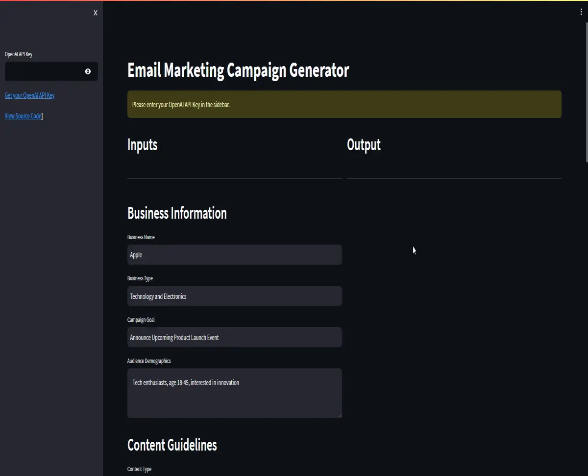 User Interface for Email Marketing Generator made by LangChain, Streamlit and Render.