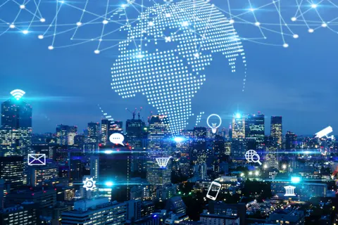 Photograph of skyline, with digital partial globe above. Color blue