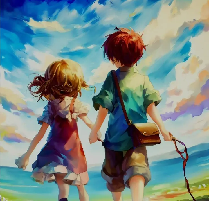 Dibujo estilo anime de una niña y un niño tomados de la mano.