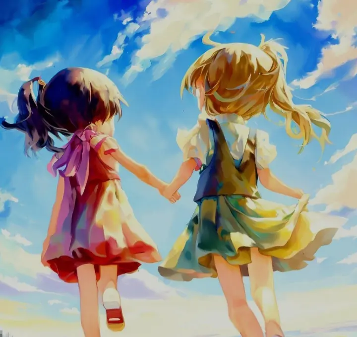 Dos niñas tomadas de la mano en estilo anime