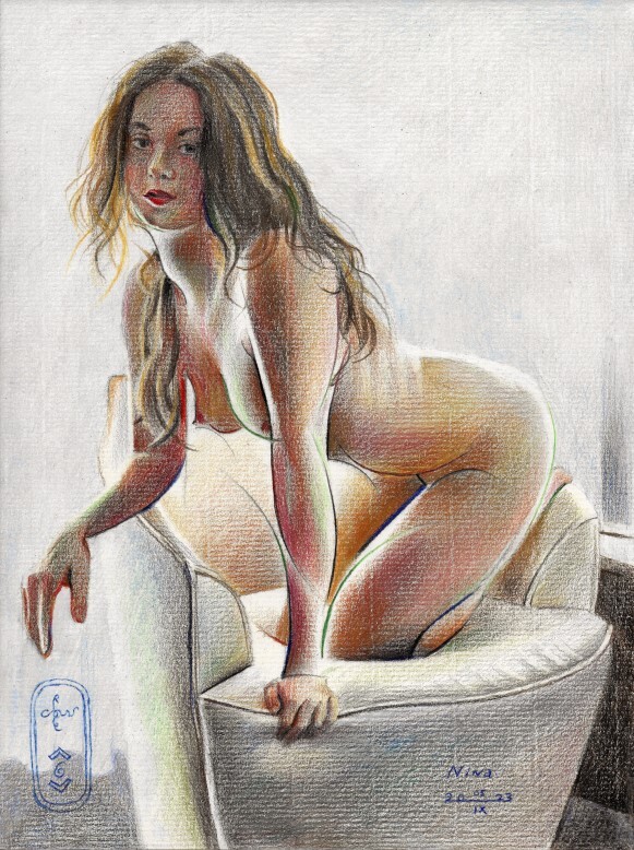 cubist nude colored pencil drawing