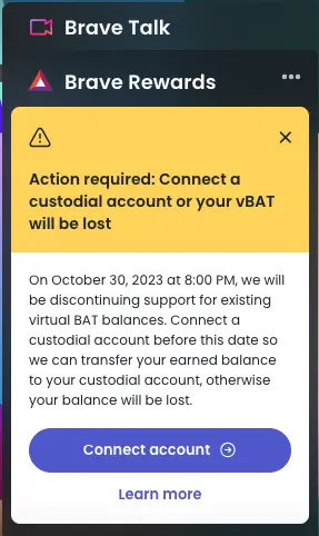 Action required notification from Brave browser on losing vBAT without a custodial account